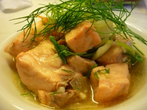 Stirred fried salmon with dill